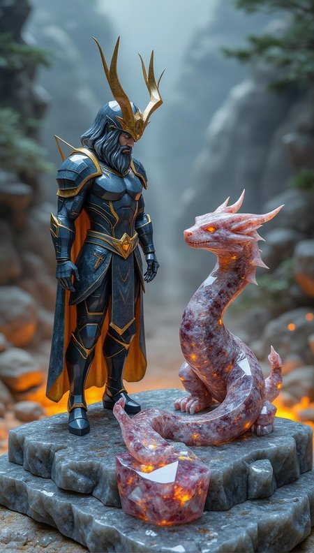<lora:ck-polygon-gems-0019.safetensors:1> a crafted gemstone model in the style of cklg featuring a
Odin, clad in ornate, high-tech armor, prepares to battle a futuristic serpent creature amidst a ravaged, pixelated landscape. The scene is set ablaze by swirling patterns of light and color, as if ancient sorcery has merged with modern technology.