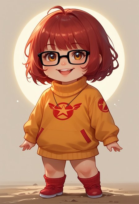 score_9, score_8_up, score_7_up, source_anime, solo, adorable chibi Velma Dinkly, happy, Velma's clothes, (chibi body:1.4), (indirect lighting, dynamic lighting:1.4), simple background, chibi art style, (detailed image, high resolution, 5k resolution:1.0), (realistic style, chibi art style, las lindas Art Style:1.2)