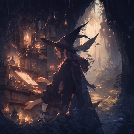 high elf, hermit witch, jill stingray, (twintails:1.2), dark purple hair, red eyes. fantasy sorceress clothes, from side, taking out a book from a bookcase, library, 0ddmag1c, oddity, ((clean lines, source: anime, detailed fingers, high quality, best quality, masterpiece, rating: g score: 9, score: 8 up)), in well lit cave, tree roots, small fairy lanterns, witch tools, great lighting, floating shining stars, shining golden particles, perfect hands, great lighting, d4rkv1b3,