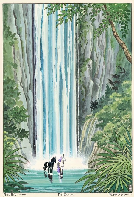 A black princess and her white unicorn, in the jungle river side and a waterfall, milo manara watercolors art style,