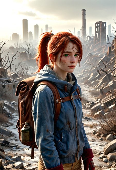 1girl, Masterpiece, 8k, ultra high detail, score_7 up, 
volumetric lighting, vivid colors, vibrant colors,  score_8_up, score_9,  small breast size, sporty red ponytail hair,  fcNeg, stunning green eyes, freckles, white skin, small nose, innocent beauty, slim face,  cute face, skinny body, perfect body, extreme detailed body, intence green eyes,  perfect face, ultra high detailed face, perfect eyes, petite, 
Cold, red dust everywhere, Wandering through ruins, 
Wasteland Tribal_Leather_Parka, fur lined, mittens, hood over head,  wasteland clothes, torn and used clothe, 
Dirty, dirty face, dirty skin, backpack filled with stuff,
  simple_big_brown_leather_backpack_full_with_stuff, 
Post Apocalyptic, big city Wasteland, skyscraper ruins,