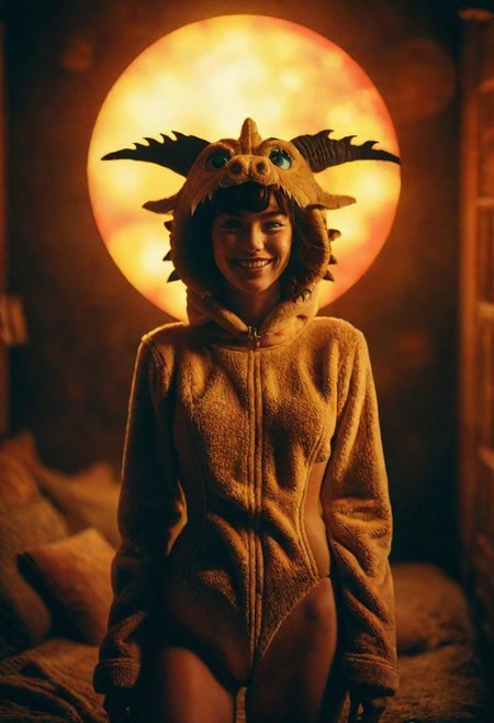 Blade Runner Style, a Slender Natural blushed freckled smiling Woman in dragon costume, in fluffy Fleece Bodysuit, dark natural palette, in cozy lighting, (intricate details, masterpiece)
very detailed, deep blacks, infront of giant sun dawn Made of Jigsaw puzzle pieces,
atmospheric haze, Film grain, cinematic film still, highly detailed, high budget, cinemascope, moody, epic, OverallDetail, gorgeous, 2000s vintage RAW photo, photorealistic, candid camera, color graded cinematic, eye catchlights, atmospheric lighting, skin pores, imperfections, natural, shallow dof