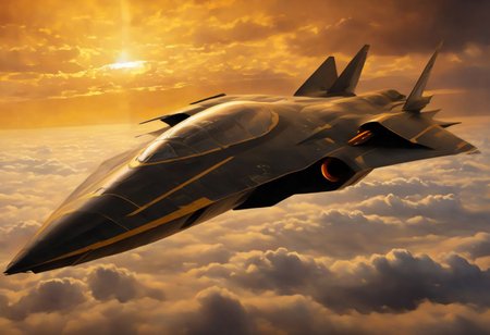 A single stealth fighter jet flies just feet above a thick cloud cover, with the sun behind it, casting a stunning yellow and orange glow over everything. The aircraft features a sleek V-wing design, reminiscent of Lockheed and Boeing's conceptual art for fifth-generation fighters and top-secret space planes. This scene evokes elements of the B-2 bomber and advanced military drones, suggesting cutting-edge technology and futuristic warfare.
Imagined as a high-detail, hyperrealistic painting, this piece combines the artistic styles of Jason Felix, Robert Peak, and John Luke, blending the realism of a movie still with the grandeur of a masterpiece. The jet, possibly part of a secret project at Roswell Air Base or a NASA endeavor, is rendered in award-winning, super high-resolution quality, suitable for 4K, 8K, or even 16K displays.