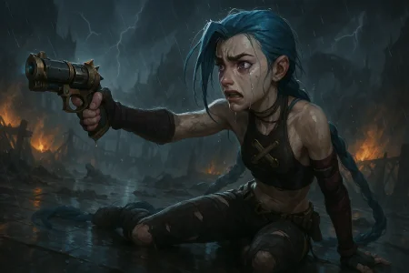 A highly detailed digital painting in the exact art style of Arcane. Jinx kneels in a broken, rain-soaked bridge at night, her body twisted dramatically — one leg extended behind, the other knee down. Seen from a dramatic side angle, she steadies herself with one hand on the slick ground, while the other arm stretches forward in profile, aiming her signature Arcane-style pistol with trembling fury. Her face is angled in intense three-quarter profile, her vivid purple eyes welling with tears, a grimace across her face, rain streaking her cheeks. Blue hair hangs in soaked strands, plastered to her skin. In the background: barricades burning, shattered debris, fallen bodies barely visible in the lightning-lit storm. The bridge glows with occasional firelight, smoke curling in the air. Painterly lighting, dynamic perspective, and hyper-expressive emotion in Arcane’s cinematic aesthetic.

