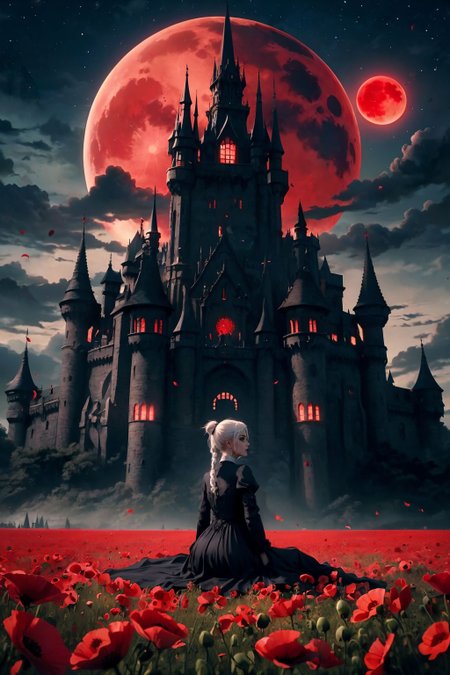 (masterpiece, best quality, high quality:1.3), 1girl in font, sitting, gothicgirl, white hair, black lips, eyeshadow, dress, ornate, small breasts, evilrealm, long ponytail, braided, poppy field, scenery, night sky, cloudy sky, red moon, skull ornament, (castle in back:1.1), dof, ultra detailed, aesthetic, realistic <lora:Evil:0.6>