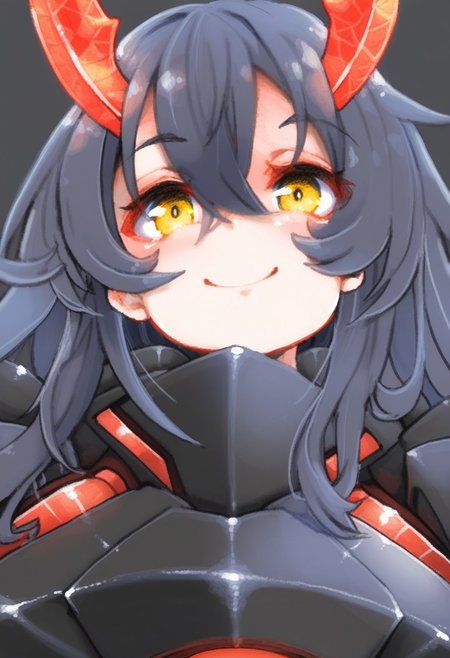 REVAN_STL, hi res,,masterpiece,best quality,amazing quality, highres, yellow eyes, smile, long hair, looking at viewer, 1girl, hair between eyes, simple background, closed mouth, portrait, horns, mecha horns, neon horns,