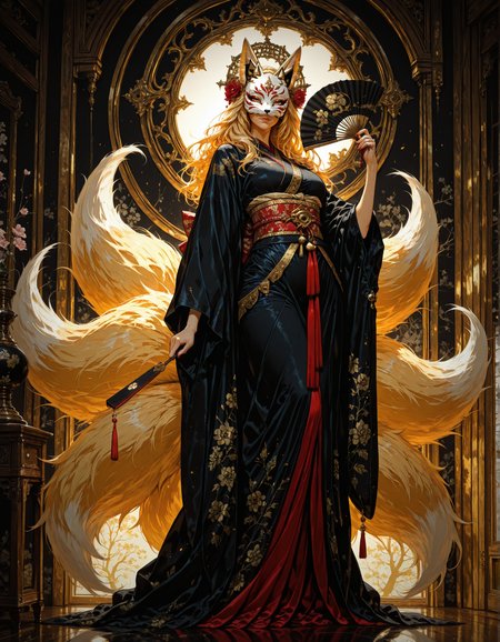masterpiece, best quality,high quality, newest, highres,8K,HDR,absurdres, 1girl, fox girl, fox mask, kitsune, traditional Japanese attire, kimono, obi, obi sash, floral patterns, black kimono, gold accents, red accents, fox ears, fox tails, multiple tails, fluffy tails, long hair, blonde hair, red hair, ornate headdress, gold headdress, fan, black fan, gold fan, red fan, holding fan, standing pose, full body, detailed background,  <lora:iLLMythM4gicalL1nes:1> M4gicalL1nes