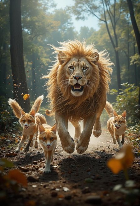 <lora:ck-waterworld.safetensors:1> ck-wtr, transparent, made out of ck-wtr
In the heart of a vibrant forest, a scene unfolds that captures the essence of a wild, adrenaline-fueled chase. The air is thick with the scent of pine and earth, and the sounds of rustling leaves and distant calls create a symphony of nature. At the center of this tableau, a majestic lion, its golden mane flowing like a banner in the wind, races through the underbrush. Its eyes, a fierce amber, are fixed ahead with unwavering determination. The lion’s sleek, muscular form is adorned with intricate patterns that shimmer like the vibrant liveries of racing cars, each stripe and spot a testament to its speed and power.
Surrounding the lion, a pack of sleek, agile foxes darts in and out of the foliage, their tails swishing with playful energy. Each fox is a blur of rich red and white, their fur glinting in the sunlight filtering through the canopy. They weave between the trees with the agility and precision of skilled drivers, their movements a dance of coordination and competition. The forest around them is alive, the blurred stands of trees forming a natural grandstand, and the sky above is a brilliant blue, unspoiled by the modern world.
The lion’s roar echoes through the forest, a primal call that speaks of power and competition. The foxes respond with high-pitched yips and barks, their enthusiasm matching the lion’s intensity. The ground trembles beneath their paws, the leaves and twigs crackling in their wake. The air is filled with the scent of excitement, a blend of earth and fur, as the chase reaches its climax.
In this moment, the forest is transformed into a grand stage, where the thrill of the chase is as palpable as the rush of a NASCAR race. The lion and the foxes, with their animal grace and spirit, bring to life the exhilaration and drama of the race, creating a scene that is both wild and enchanting.