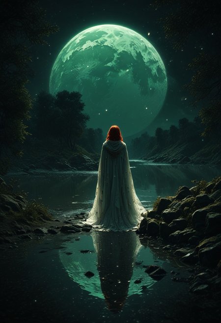 masterpiece, best quality, hyper-realistic, ultra-HD, intricate textures, luminous lighting, cinematic ambiance, shimmering gradients, ethereal glow, deep contrast, soft volumetric fog, subtle particles, radiant reflections, rich color tones, seductive atmosphere, captivating sensuality, Cinematic Lighting,Shadow,backlit, backlighting, 
BREAK
raytracing, volumetric lighting, ambient occlusion, shimmering particles in the air, intricate cinematic background,intimate and seductive, crafted to captivate and seduce.
BREAK
reflection, hood, white cape, crescent moon, green theme, sky, moon, embers, red hair