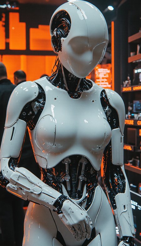 A surreal portrait of a white robotic exoskeleton girl, captured in a bleak, atmospheric scene with neon orange glitches flickering across the composition. Her futuristic cyborg body features intricate mechanical parts, exposed wires, and cables, seamlessly integrated into her form, while she wears a sleek, non-revealing bodysuit that covers her entirely, blending with her robotic structure. The scene is shrouded in neon-orange mist, creating a cyberpunk atmosphere. The portrait is shot with a Leica M11 and 35mm Summilux-M f/1.4 lens at f/2.8, using cinematic lighting with a shallow depth of field to emphasize texture and contrast. The background is a blurred, dark gradient with hints of neon glow, enhancing the futuristic and surreal aesthetic. <lora:Neurocore_Sci-Fi_Cyborg_Portraits_by_ChronoKnight_-_[FLUX]:0.9> <lora:detailed_v2_flux_ntc:0.46> <lora:Midjourney_V6.1_meets_FLUX_v0.5_:0.7> <lora:neon-mist03-000015:0.2>