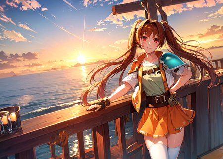 masterpiece, ultra high quality cg, perfect image, estelle, shoulder armor, short jacket, belt, orange skirt, white thighhighs, fishing rod, red eyes, sunset, blue sky, pier, side view  <lora:estelleBrightTrailsIn_v1:0.9>