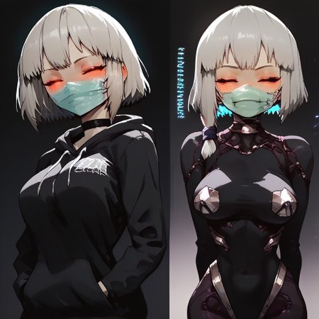 charturnerv2, score_9, score_8_up, score_7_up, source_anime BREAK 1girl, multiple views, before and after, leotard, looking at viewer, acidic splash dark background, uzaki tsuki, grey hair, noodle short hair, closed eyes, standing, large breasts, perky breasts, great cleavage, smile, blush, pasties, choker, hands in pockets, hoodie, 2koma, thighhighs, elbow gloves, reverse outfit, arms behind back, motherly side plait, ((surgical mask)), amazing design character, blazing hoodie, 3DMM, g0th1c, glowing, neon lights, glowing eyes, BSDBN, sinozick style