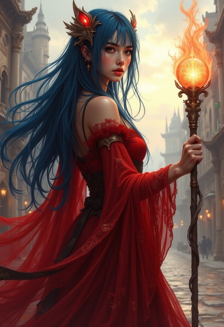 A high-quality digital artwork in the style of pinkdarkcanvas,, masterpiece, best quality, good quality, very aesthetic, absurdres, newest, 8K, depth of field, focused subject,  BREAK asian young sorceress, vivid blue hair, circlet, bangs, sidelocks, gauzy, filmy red mage robes adorned with arcane symbols, holding mage staff (with glowing orb), casting spell, ancient fantasy city, standing in dynamic pose, golden hour, directional lighting, vibrant colours, dutch angle