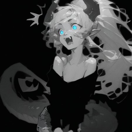 (Blend_in, black background), score_9, score_8_up, score_7_up, masterpiece, best quality, absurdres, highly detailed, monochrome, greyscale, spot color, 1girl, Lynn Pink, blue eyes, ponytail, tail, horns, pointy ears, fangs, (((adult))), small breasts, denim shorts, simple shirt, long sleeves, off shoulder, no bra, happy, (^^, :D:1.5)