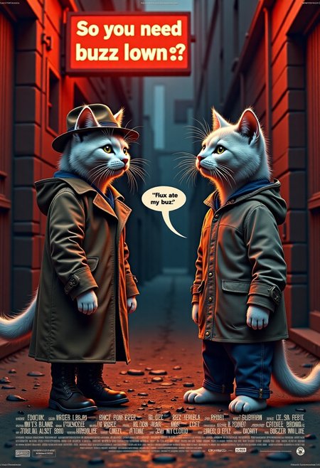 a realistic picture, 2 cats have conversations , ((cute white cat wearing trench coat,a boot, an mafia hats, standing in dark alley, he on speech bubble, he shouts "⚡️so you need buzz loan for flux?")) (the other cats wearing a hoodie  with jeans an shoes  , he is begging to the white cats, he on speech bubble, he shouts "⚡️flux ate my buzz") ,The neon signs glow warmly in far away reads "buzz depleted,  ", creating a nostalgic atmosphere (dynamic lighting:1,0),  background, ruined market after war at night , rainy, in midlle eastern country ,(intricate details,naturalism,hyperdetailed,hyperrealistic:1.55)
 mvpstrCE style 
((((Display the text "you need buzz loan?!" on a movie poster)))). no human