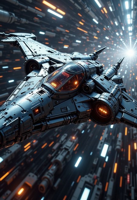 in the style of ck-mgs, A digital artwork in the style of cknc, a_skynet_cyberdyne_craft, the image is featuring a futuristic, highly advanced stealth fighter flying through hyperspace. The fuselage is made of a dark gunmetal alloy and the cockpit shows glowing led lights, and has a large air intake, dutch angle, motion blur