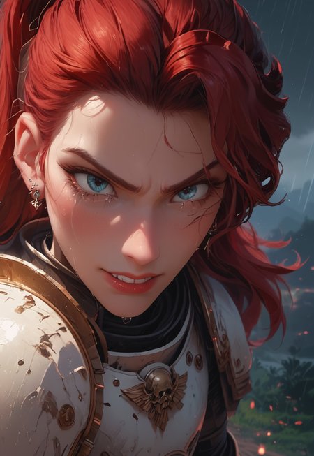 1girl, solo, 24 year old woman, large build, running:1.4, beautiful, long hair, dark red hair, freckles:1.4, face uplifted:1.6, looking up, looking at the sky, earrings, (fierce) grin:1.5, crying:1.5, teeth clenched:1.4, angry smile:1.5, wide hips, knight armor:1.5, heavy armor, gauntlets, greaves, bright blue eyes, rain falling on her face:1.5, tan skin, tears on chin, tears on cheeks, action pose:1.3,

dusk, after battle, muddy field, some grass, fallen soldiers around her:1.4, storming, dark gray sky, dark sky:1.4, streaming banners, battlefield, intense rain:1.3, dreary, raining, overcast, mountains and hills in the background,

score_9, score_8_up, score_8, masterpiece, best quality, official art, extremely detailed, CG unity 8k wallpaper, absurdres, high definition, photorealism:1.5, detailed shading, high contrast, ambient occlusion, vivid colors:1.5, saturated colors:1.6, 

dynamic angle:1.3, cowboy shot:1.6, cinematic, from above:1.3,

expressiveh, whites40k, tears, 