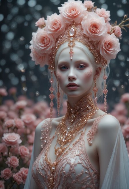Real sharp photo, Black, pink, fuchsia, red portrait of a gorgeous sexy princess, pole dancer, snowing, snowflakes in the air,  white milky makeup, ethnic dress with floral gowns,  hair ornament made of blooming flowers, crystals, blurry background,  tiara,  earrings,  facing the viewer stands amidst  snowflakes, rose gold minerals, shiny aura, highly detailed, frozen organically grown crystals, gold and pearl filigree, intricate motifs, organic tracery, Kirnan Shipka, Januz Miralles, Hikari Shimoda, glowing stardust by W. Zelme. A mesmerizingly enchanting scene unfolds in this cinematic film still. The image, likely a photograph, is highly detailed, realistic, and dreamlike. The woman radiates a magical quality, in the lush, vibrant field surrounding her. The overall effect is breathtaking and truly captivating, inviting viewers to lose themselves in the allure of this enchanting moment.
