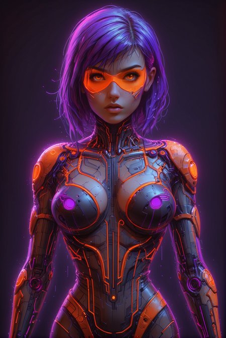cyberpunk girl, neon_purple outline, dark neon_orange backgroung, scifi, 1980s, retro One hand behind the head pose, athletic, cleavage  <lora:Dystopia:0.8> <lora:Neon_Cyberpunk_SDXL_-_Cyberspace:0.8> mad-cyberspace,, (masterpiece:1.2), best quality, (hyperdetailed, highest detailed:1.2), high resolution textures
