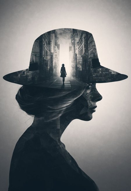 mysterious silhouette woman with hat, amazing depth, double exposure, surreal, geometric patterns, intricately detailed, bokeh,  perfect balanced, deep fine borders, artistic photorealism , smooth,