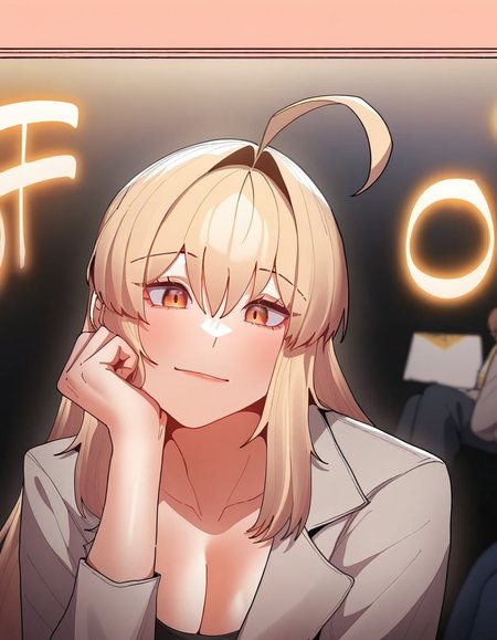 masterpiece, best quality, newest, absurdres, highres, safe,, <lora:bang-hyuna-manhwa-illustriousxl-lora-nochekaiser:1>, bang hyuna, long hair, bangs, blonde hair, large breasts, orange eyes, hair intakes, ahoge,, shirt, long sleeves, cleavage, collarbone, jacket, open clothes, pants, open jacket, black shirt, open shirt, grey jacket, blue pants, office lady,, restaurant, laughter, good food, warm lighting, celebration, , head rest, looking at viewer, solo,, cowboy shot, solo