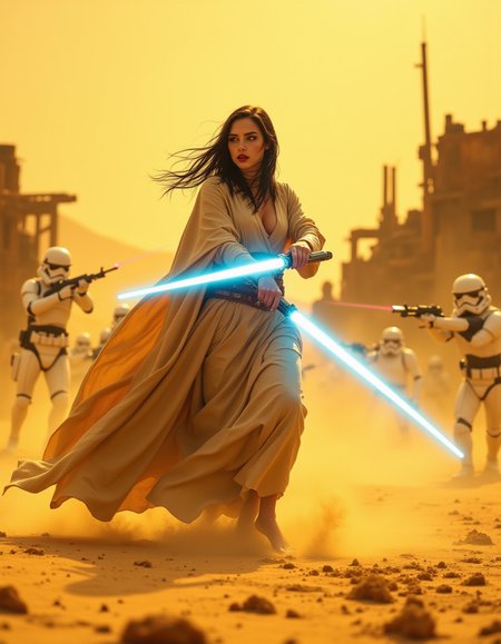 yellow hue, bloom, bokeh, god-rays. perfect feet.
In the blistering heat of Tatooineâs desert, the battle intensifies. The sand, swirling in the harsh winds, feels like tiny needles against the skin as the Jedi Knight faces off against a group of stormtroopers, their white armor stark against the desolate landscape. The massive, rusting harvester machines loom in the distance, silent witnesses to the chaos unfolding.
The Jedi, a striking young woman with pale, gothic skin, stands at the heart of the battlefield, her bare feet sinking into the gritty sand. Her long, dark hair sways with the wind as she grips her glowing blue lightsaber tightly. Her lips are painted red, her eyes framed with dramatic black makeup, revealing both the intensity of the moment and her calm determination. The sunlight casts an intense yellow hue across the scene, but the air around her is thick with tension.
The stormtroopers, their laser rifles raised, take cover behind the wreckage of old machines, using the broken walls and twisted metal as shields from her fierce, deflecting saber. Their shots are precise, red laser beams flashing through the air as they open fire, their movements calculated. The blasts light up the dusty air, cutting through the sand in quick, deadly bursts.
The Jedi Knight is undeterred. With each volley, she moves gracefully, her body fluid and light on her bare feet, her robe flowing behind her. She stands poised in the middle of the chaos, her lightsaber a blue streak of light, deflecting the incoming blaster bolts with expert precision. The air crackles as each laser shot strikes her saber, harmlessly dissipating into a burst of energy. The sound of the lasers colliding with her blade echoes through the desert, a staccato of battle, while sand particles swirl in the aftermath of each blocked shot.
The stormtroopers in cover continue their onslaught, but theyâre finding it increasingly difficult to land a hit. She moves like the wind, a blur of motion as she ducks and spins, using the terrain to her advantage. Her eyes stay locked on the stormtroopers, her focus absolute. With every deflected bolt, her feet slide across the sand, but she remains grounded, her connection to the force keeping her steady.
Despite being outnumbered and surrounded, the Jedi remains calm and controlled. Her lightsaber hums, glowing brighter with each swing, as she takes advantage of their distractions. Then, in a sudden fluid motion, she leaps forward, dashing across the uneven sand with a burst of speed, her feet barely touching the ground.
The stormtroopers fire furiously, but she moves too quickly. Her glowing blade deflects shots with precise movements, sending energy bolts ricocheting in all directions. As she closes the distance between herself and the stormtroopers, they scramble for better cover, but itâs too late. The Jediâs strikes are swift and decisive, cutting through their defenses one by one. The sand around her shifts with each movement, particles rising like small clouds in the wake of her battle.
Amidst the chaos, the air is filled with the hum of her saber and the crack of blaster fire. She is the calm at the center of the storm, her determination and skill shining brighter than the desert sun above. Each step she takes in the desertâs harsh landscape only reaffirms her connection to the force, and she continues her relentless fight against the stormtroopers.
perfect feet, aidmafluxpro1.1  <lora:aidmaFluxPro1.1Stylev0.2:0.5>âââ