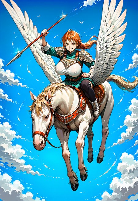 score_9,score_8_up,score_7_up,extreme detailed,full_body,zPDXL3 BREAK sky,flying,1girl,huge breasts,<lora:Pony_DetailV2.0:1>,
pegasus knight,horse,horseback riding,pegasus,long hair,shoulder armor,breastplate,pegasus knight uniform \(fire emblem\),<lora:pegasus knight-v3-pony:0.7>, polearm,holding weapon,smile,fighting stance,v-shaped eyebrows,