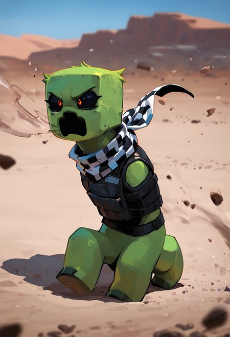 masterpiece, best quality, amazing quality, very aesthetic, absurdres, newest, , detailed background, 
 movie scene, cinematic scene, cinematic, foreground blur, depth of field, 
crpr, no humans, full body, pokemon (creature), open mouth, black sclera, black mouth, green skin
bulletproof vest, checkered scarf, blowing in the wind, angry, desert, scarf flowing in the wind