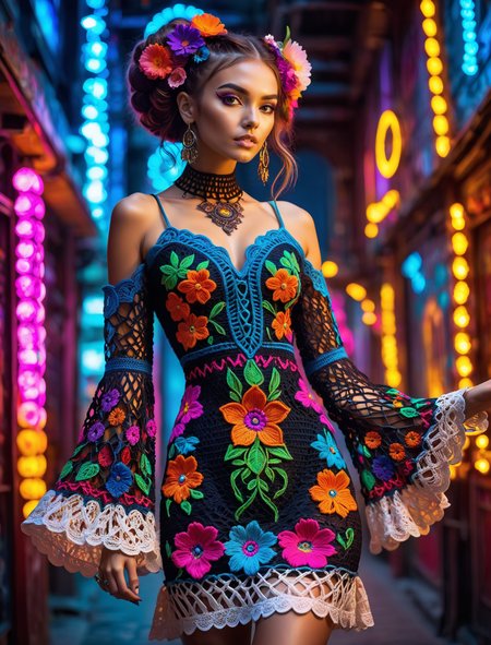 (Cyberpunk style:1.5), neon lights, vibrant colors, high contrast, futuristic elements, young woman in a bohemian-style crochet dress, Cybernetics embedded,  colorful floral embroidery, voluminous bell sleeves, detailed lace bodice, flattering neckline, cyberpunk architecture,  elegantly styled hair, dynamic lighting, atmospheric, (urban:1.3)