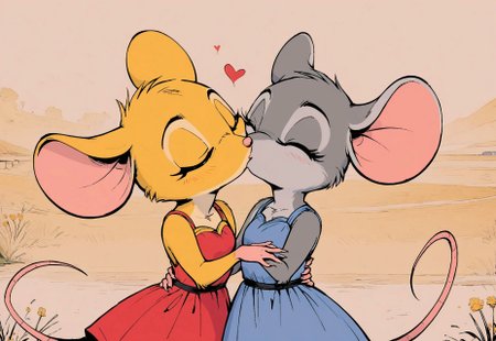 score_9, score_8_up, score_8, duo, (fluffy:0.8), claws, (fluffy cheeks:0.4), (feral:1.3), outdooes, furry, (((mouse))), female, in the style of beatrix potter, flat color, (cute), romantic, look at each other, (kissing:2), (head portrait, head focus, close up:2), nature, outdoors
BREAK
(mouse, female, (eyes closed), yellow fur, yellow ears, (short red dress)),
BREAK
(mouse, female, green eyes, grey fur, grey ears, (short blue dress)),