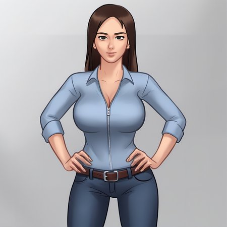 JennySS.  A woman with brown hair, Gray eyes, a fit body, standing infront of an white background, full body, looking at viewer, sexy.
(unzipped her Jeans) she wears a blue shirt, 
<lora:JennySS:1>