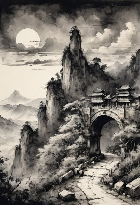 (Ink illustration on parchment). a caravan of travelers proceeds along a stone road set with a series of ancient stone archways leading upward from a forested glade into the foothills of a mountainous realm of jagged peaks and stony pillars, small stone shrines line the road between archways, clear skies with dark clouds on the distant horizon, very detailed: 1.5 eroticism. ink splashes, rough ink sketch, moody, gloomy, dark picture, high contrast, stylized.