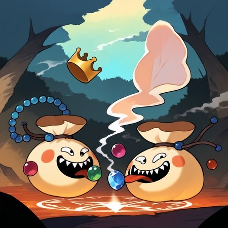 score_9,score_8_up,score_7_up,super detailed,extreme detailed,full_body,zPDXL,source anime,forest BREAK no humans,no_legs,multiple_monsters,
<lora:Pony_DetailV2.0:1> BREAK goodybag_(dq),crown,gem,necklace,teeth,tongue,tongue out,<lora:goodybag_(dq):1>,evil smile,(smoke:1.2),magic circle,magic,