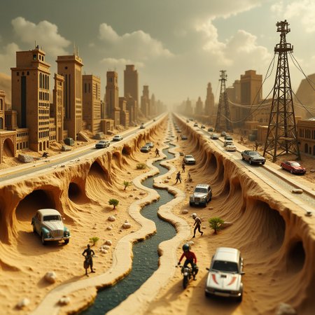 microworldlora. 
Image of a miniature post-apocalyptic diorama of a once-thriving metropolis now swallowed by an endless desert. Massive dunes creep over the shattered glass buildings, which reflect the blinding sunlight in fragmented shards. The remains of highways stretch like dead serpents through the sand, with abandoned, rusted-out cars dotting the landscape. In the center of the scene, an old radio tower leans precariously, tangled with wires that trail into the sand. Tiny figures, some in makeshift armor, roam the barren land on foot or on scavenged motorcycles, their faces hidden behind masks. A dry, cracked riverbed winds its way through the scene, its banks lined with the skeletal remains of long-dead trees. Above, the sky is a dull, oppressive gray, filled with swirling clouds of dust that choke the horizon, as the distant roar of an incoming sandstorm hints at even more destruction to come.