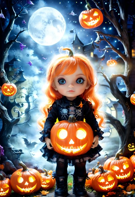 Halloween, moonlit night, supernatural, jack-o'-lanterns, trick-or-treating, eerie ambiance, playful mischief, mysterious shadows, delightful spookiness.,cute helloween doll       ,haunted graveyard in the background, with its windows glowing with an unnatural, ghostly radiance. It beckons the curious and the brave to explore its mysteries.cute helloween doll, Halloween Night,street art, vibrant, urban, detailed, tag, mural in Technical mastery, mathematical proportion, virtuosic engraving, Northern Renaissance realism . graffiti style ,