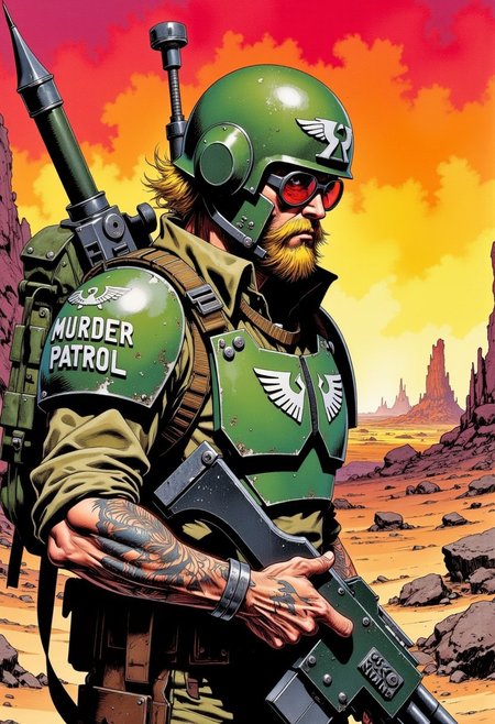 solo, warhammer 40,000, an illustration of member of the imperial guard, body armor, helmet, round sunglasses, lasgun, red-dot sight on top of lasgun, aquila emblem on chestplate, white shoulder markings, ammunition pouches, knife scabbard, wearing grenades, Sleeves rolled up above elbows, mandarin collar, olive drab uniform, canvas backpack, kneepads, combat boots, tattooed forearms, full beard, well-groomed, blonde, post-apocalyptic background, desert, in style of comic book, flat colors, Psychedelic Portrait, Colorful, Psychedelic Style, The phrase "Murder Patrol" is hand-painted on his helmet, sunset, volumetric lighting, profile, side-view,