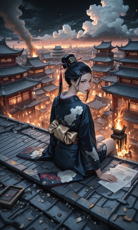 A true still from an award-winning movie,  from top, Overhead Shot, side view, 

(a beautiful Japanese woman/very beautiful face, very clear face, wearing Jedgs, attire, Messy hair, long hair, black hair, ornate kimono, hairpins,  black background, windblown ponytail, bangs, disheveled clothes),
(sitting paralyzed on the rooftop, holding a piece of paper),
(a large number of soldiers/fiery arrows:1.2) gathered downstairs, holding torches and burning down the building, The strong wind messed up the hair, Battle scenes, outdoors, building, fire, smoke, street, burning, destruction, ruins,

(on the Chinese gardens/Chinese architecture, outdoors), very beautiful sky, (elusive cloud layer/Colorful and magnificent clouds), subsurface scattering, atmospheric lighting, imperfections, natural, shallow dof, looking at viewer,

subsurface scattering, atmospheric lighting, imperfections, natural, shallow dof, vibrant colors, action shot, 

masterpiece, best quality, good quality, very aesthetic, absurdres, newest, 8K, depth of field, 
﻿
