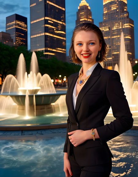EV055M, In a bustling city square bathed in the soft golden glow of setting sun, a woman with striking blue eyes, adorned in a chic black suit accented by intricate silver jewelry and a pop of red lipstick, takes center stage. Her short, sleek brunette hair contrasts sharply against the backdrop of cascading water from a nearby fountain. She stands confidently, teeth gleaming in a radiant smile as she directly addresses the viewer with an air of professional authority, the city's towering skyscrapers and twinkling streetlights forming a captivating urban landscape behind her.