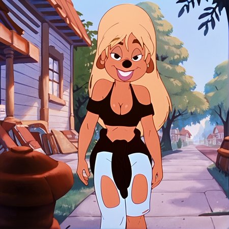 score_9, score_8_up, score_7_up, score_6_up, score_5_up, score_4_up, BREAK, <lora:lisagoofymovie:1>, lisagoofymovie, 1girl, blonde hair, furry female, animal nose, long hair, lips, dog ears, tan skin, crop top, torn jeans, cleavage,  outside, town, looking at viewer, clothes around waist, smile, parted lips,