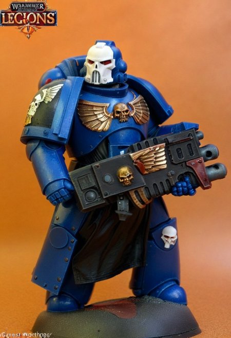 Score_9_up, absurdres, source: GamesWorkshop, grimdark, gothic horror, an adeptus astartes Ultramarines space marine in armor and helmet wielding a melta