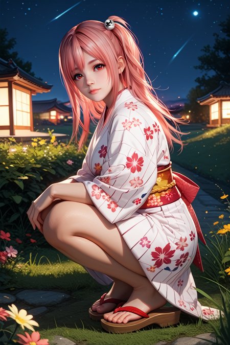 score_9, score_8_up, score_7_up,
<lora:DOAHonoka:0.8>
DOAHonoka, 1girl, pink hair, red eyes, long hair, one side up, looking at viewer, night, grass, squatting, yukata, japanese clothes, floral print, obi, from side, looking at viewer, sandals, star \(sky\)