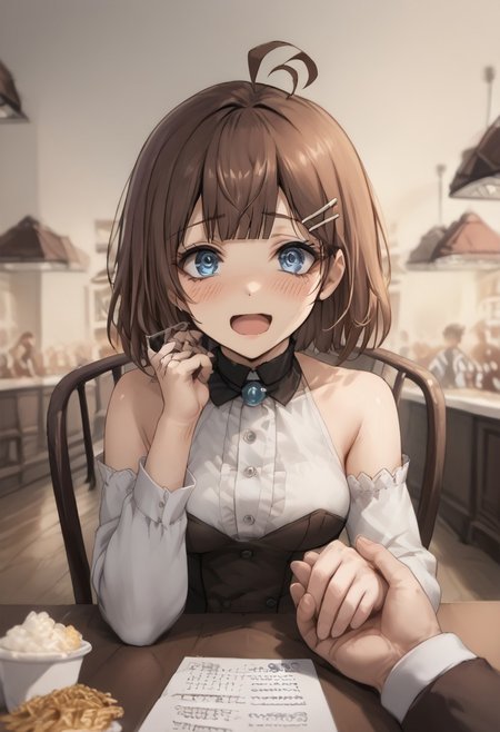 score_9,source_8, fidgeting,source_anime, Expressiveh, 1girl, 
HodLOR, short hair, blue eyes, brown hair,  bangs, white hairclip, ahoge, hime cut, medium breasts, hourglass figure, short, petite, tight fitting clothes, blushing, pov, pov date, across table pov, food on table, dessert,sitting,(looking at viewer), flushed, happy, nervous,white linen dress, exposed shoulders, in cafe, sitting on a chair, chair, viewed from,cafe date, across table, sneaking a look,open mouth, surprise, body towards viewer,holding hands, solo focus, pov hands, out of frame