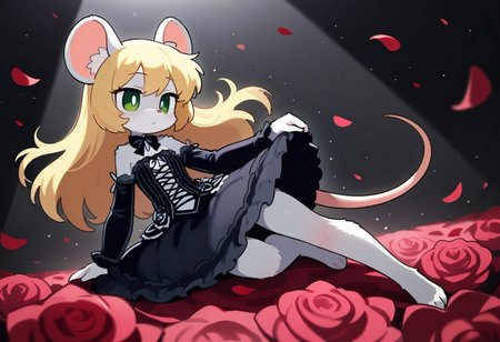 Chloe,1girl,solo,long hair,blonde hair,animal ears,green eyes,furry female,mouse ears,mouse girl,mouse tail,body fur,white fur,bangs,animal nose. wearing gothic costume, detailed shadows, detailed body, standing on rose field, high quality lighting, high quality shadows, dark space background, spotlight effect, adorable expression, detailed fur, masterpiece, focused angle, puppet strings on body, detailed rat feet, rose petals in the air, bare shoulders, laying down sideways, holding a rose