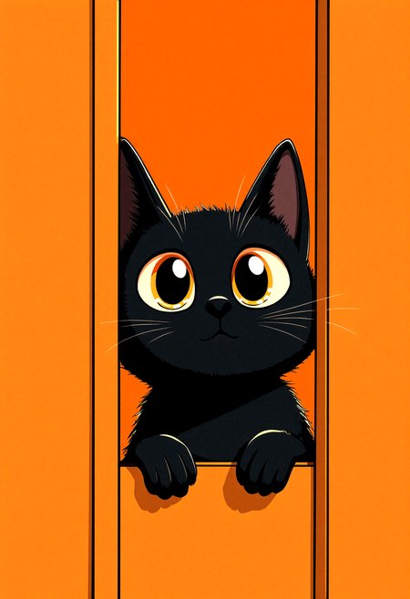 A minimalistic illustration of a curious black cat peeking from behind an orange door, its wide amber eyes glowing with playful curiosity. The composition is clean and modern, with bold black ink outlines and subtle shading. The orange background adds warmth and contrast to the sleek black fur of the cat, creating an endearing and stylish design.