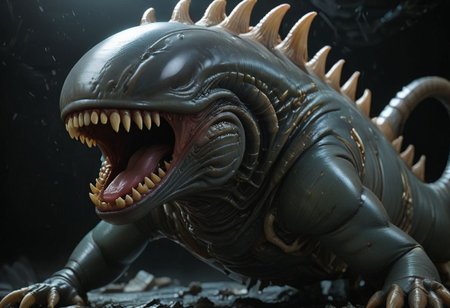 cinematic, xenomorph chonkasaurus, black, dark, scifi, slimey, raytracing, HD, 4k, floating energy, night, dark, (energy effects:1.3), <lora:chonkasaurus-000003:1>, <lora:add-detail-xl:2>