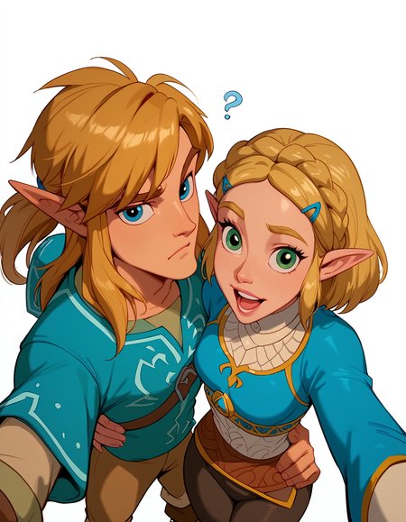 <lora:Disney_Style:.9> <lora:princess_xl_v2:.75> <lora:add-detail-xl:.9> <lora:g0th1cPXL:.3> <lora:Cherry-Gig:.45> <lora:Expressive_H:1> <lora:PLASTT_PonyV6:1> score_9, score_8_up, score_7_up, zPDXL, DisneyRenstyle, score_9,score_8_up,score_7_up,score_6_up, score_9, score_8_up, score_7_up, 1 girl, 1 guy, couple, Princess Zelda, Link, BOTW, Breath of the Wild outfit, elf ears, pointy ears, white background, plain background, ambient lighting, standing, blue tunic, (selfie pose, selfie pov, high angle, 3/4 view), 
couple, 1 girl, princess zelda, intricate hair, messy side braid, excited expression, laughing, small breasts, wide eyes, narrow hips, petite, skinny, slender, standing, (breath of the wild outfit, blue tunic, black leggings), wide eyes, (selfie pose, arm outstretched for selfie pose), 
couple, 1 guy, Link, elf, pointy ears, (Breath of the Wild outfit, blue tunic, brown trousers), fit, athletic, confused expression, serious expression, question marks, mouth closed, narrow eyes, (one hand on own hip, one hand behind own head),