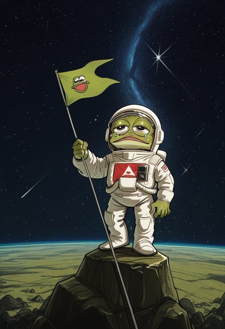 813nm0hstyle,   masterpiece, best quality, solo,                                                                                                                                                                                                                                                    pepe the frog, space  background, standing on the surface of the rock moon, holding a flag with the image of a frog, happy crying,   green skin, astronaut helmet, astronaut suit,