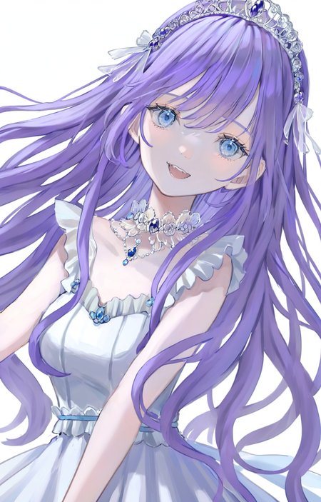 <lora:poireXLlokr4f:0.9>,masterpiece,best quality,blank background,1girl,purple hair,long hair,dress,blue eyes,smile,open mouth,solo,hair ornament,sky,teeth,tiara,close-up,