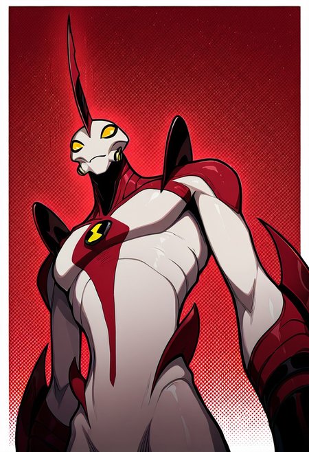 <lora:waybig-06:1> waybig, no humans, solo, alien, horn, single horn, yellow eyes, arm blade, masterpiece, best quality, amazing quality, very aesthetic, absurdres, newest,, ((upper body, halftone effect, white borders, abstract background:1.2,))
red background, giant, from below,