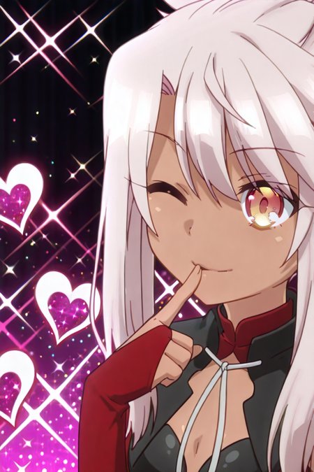 detailed background, shiny skin, posing,
heart, bloom, glitter, sparkle,
<lora:prisma.il:1>,
prisma,
chloe, archer, 
upper body, 
one eye closed, finger to mouth,